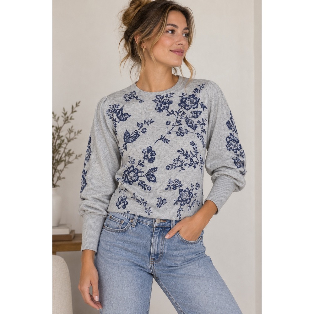 Sundance Floral Puff Sleeve Sweater XL Blue Grey Navy Botanical Merino Blend